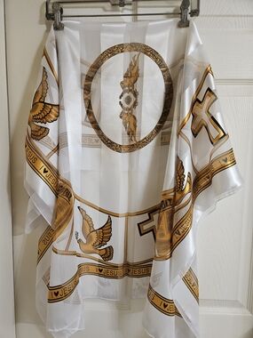 White & Gold Religious Print Satin Scarf